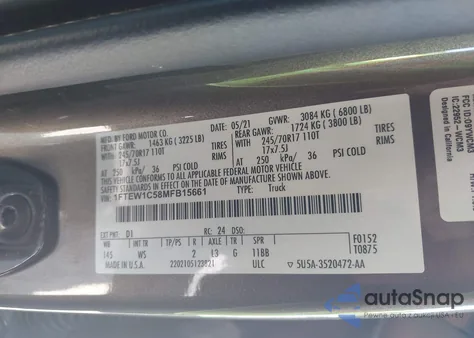 2021 Ford F-150 Xl из США, поврежденный, VIN 1FTEW1C58MFB15661